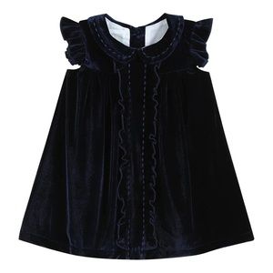 NAVY BLUE VELOUR FLUTTER SLEEVE DRESS FOR BABY & KIDS